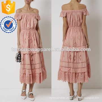 Blush rosa fora do ombro midi vestido de algodão manufatura atacado moda feminina vestuário (ta4076d)